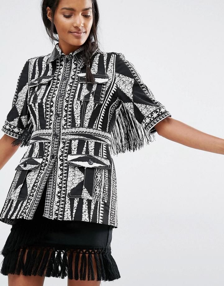 Anna Sui Fitted Jacket In Bark Cloth Jacquard - Black Print