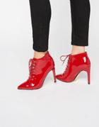 Truffle Collection Patent Pointed Toe Lace Up Heeled Boots - Red