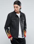 Asos Denim Jacket With Flame Embroidery In Black - Black