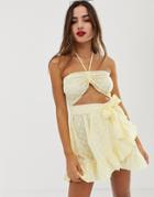 Asos Design Bandeau Beach Dress In Spot Fabric With Frill Hem - Yellow
