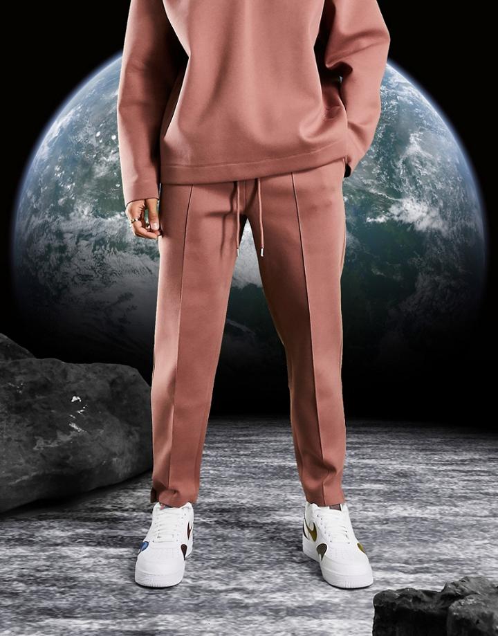 Asos Design Neat Co-ord Tapered Sweatpants With Pin Tucks & Fixed Hem In Red Brown