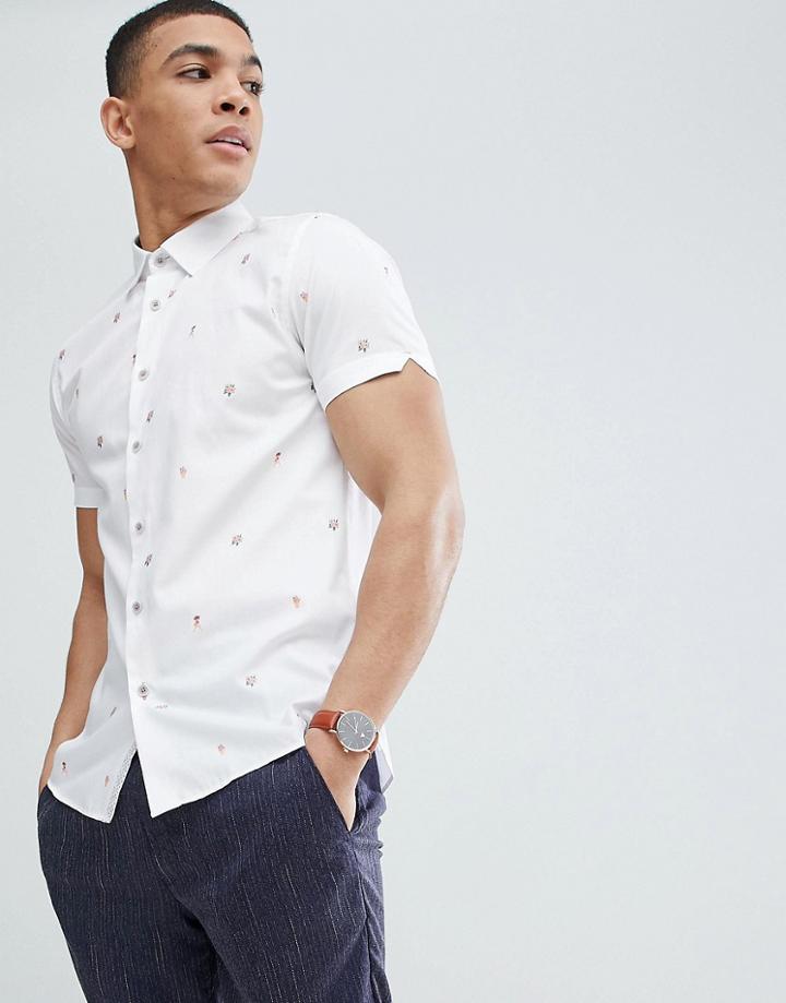 Ted Baker Slim Short Sleeve Embroidered Shirt - White