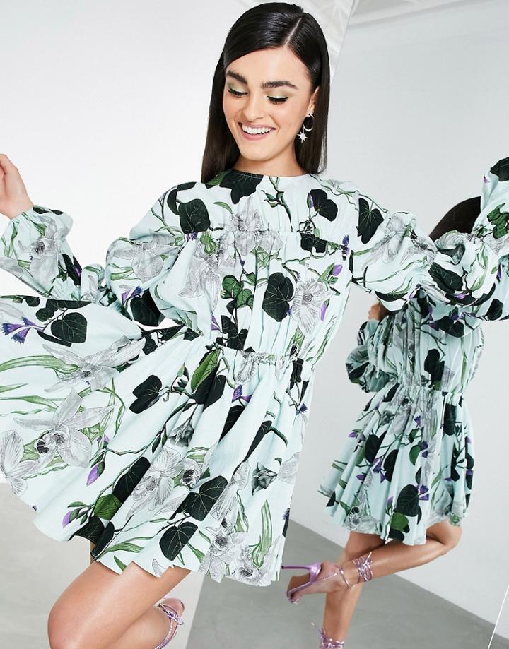 Asos Edition Linen Mini Dress With Gathered Sleeve In Pale Green Orchid Print