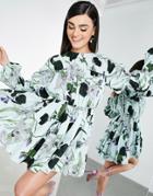 Asos Edition Linen Mini Dress With Gathered Sleeve In Pale Green Orchid Print