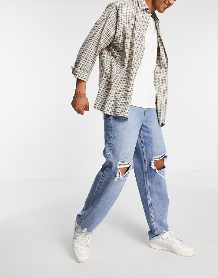 Asos Design Baggy Jeans In 90's Mid Wash With Heavy Rips-blues