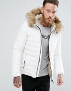 Schott Rocky 2 Puffer Bomber Hooded Detachable Faux Fur Trim Slim Fit In White - White