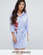 Parisian Petite Floral Embroidered Shirt Dress With Tie Waist - Blue