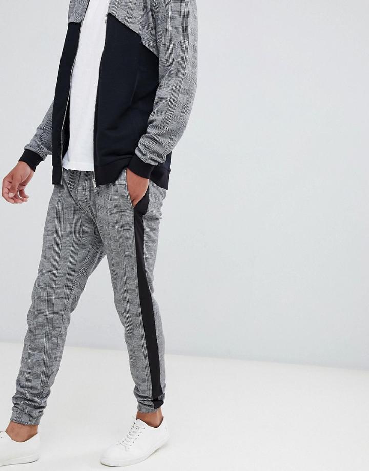 Asos Design Skinny Joggers In Check Print With Side Stripes - Black