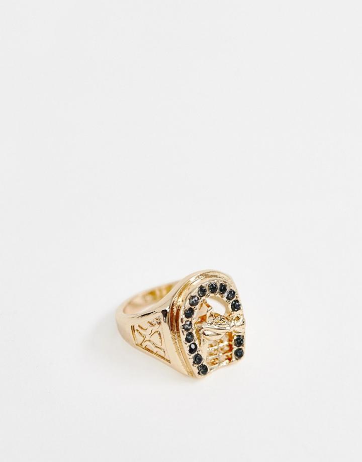 Asos Design Vintage Style Horseshoe Ring In Gold Tone With Crystals - Gold