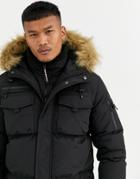 Good For Nothing Puffer Parka Coat In Black With Faux Fur Hood