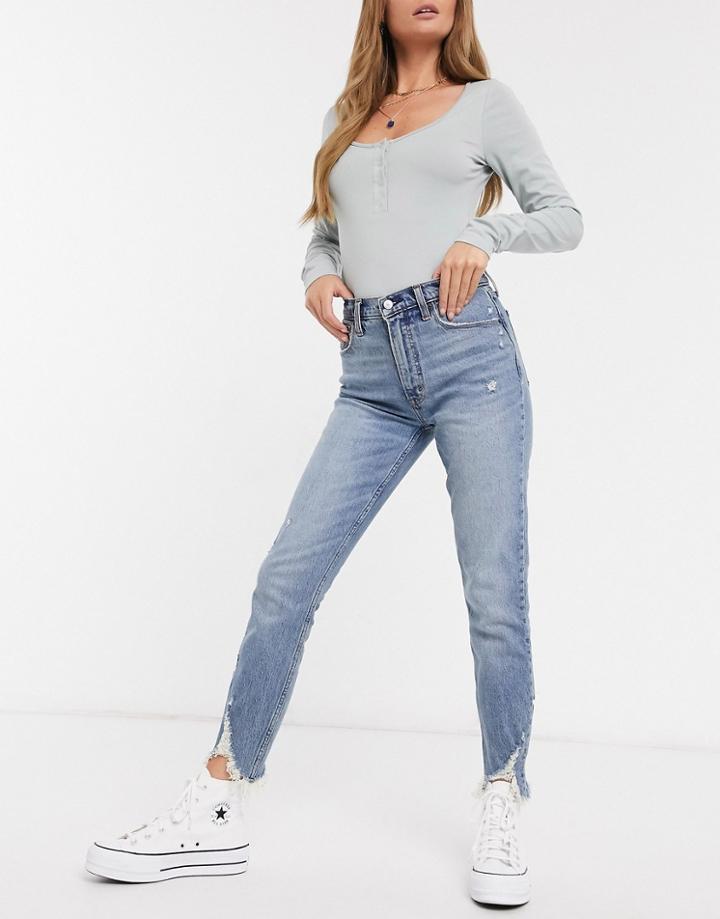 Abercrombie & Fitch Chewed Hem Skinny Jeans In Mid Wash-blues