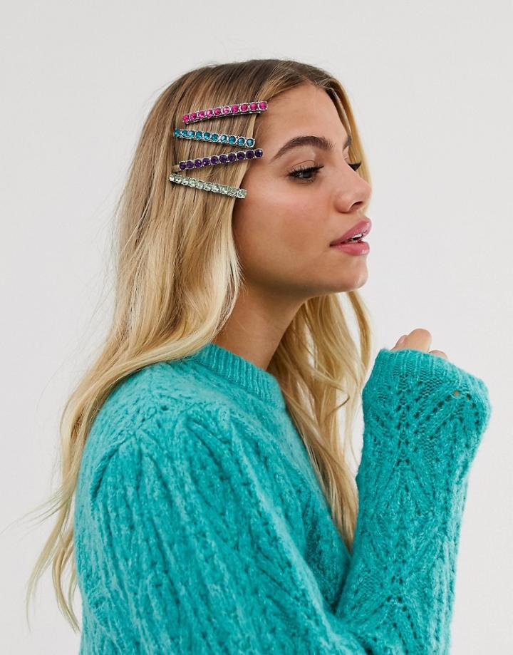 Asos Design Pack Of 4 Hair Slides In Colored Stones-multi