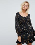 Fashion Union Frill Hem Dress With Lace Up Detail-black