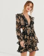 Asos Design Long Sleeve Mini Dress In Floral Print With Cluster Embellishment Detail And Circle Trims