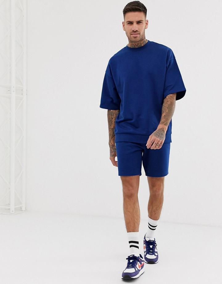 Asos Design Tracksuit Short Sleeve Oversized Sweatshirt/skinny Short In Bright Navy - Navy