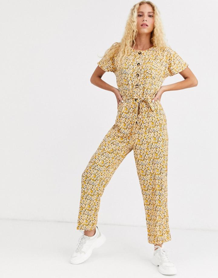 Asos Design Button Front Jumpsuit In Vintage Floral Print - Multi