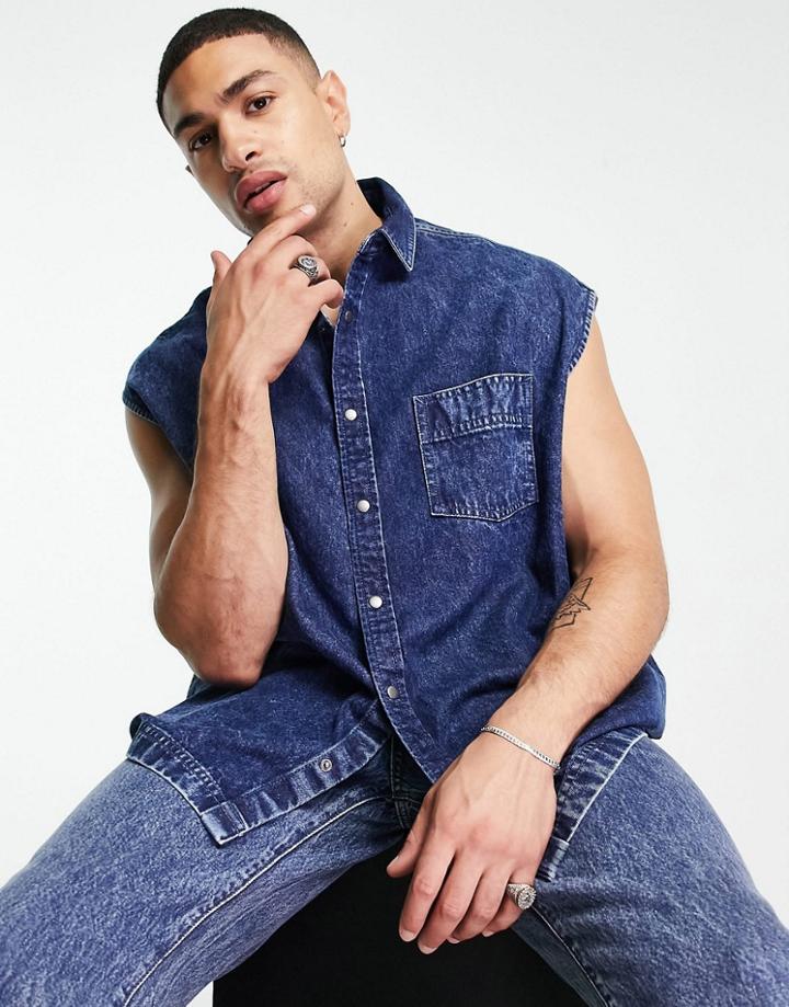 Asos Design Oversized Sleeveless Denim Shirt In Acid Wash Blue-blues