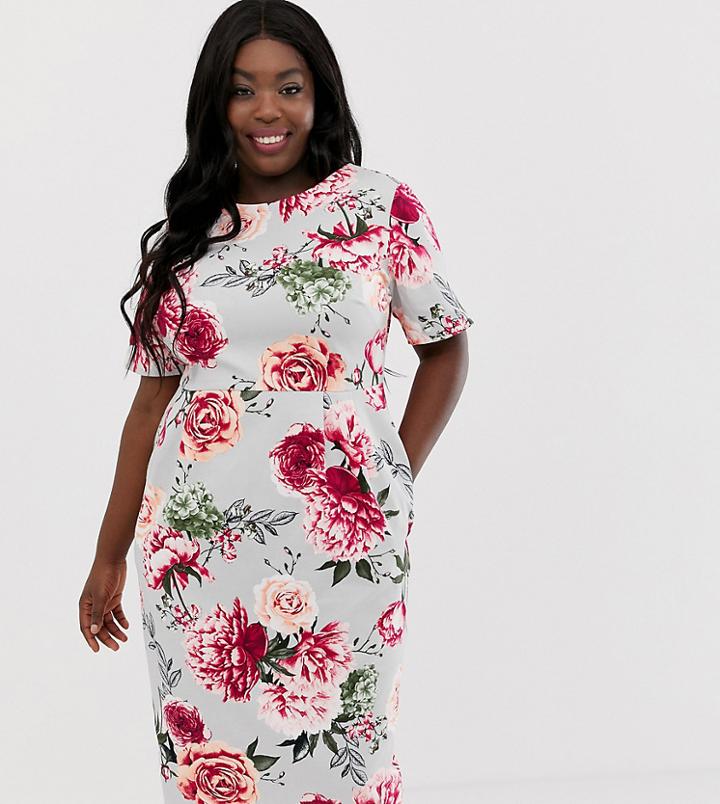 Asos Design Curve Wiggle Midi Dress In Floral Print - Pink