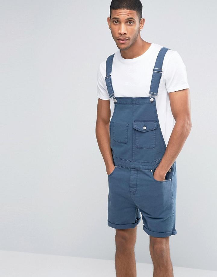 Asos Denim Short Overalls In Dark Blue - Blue