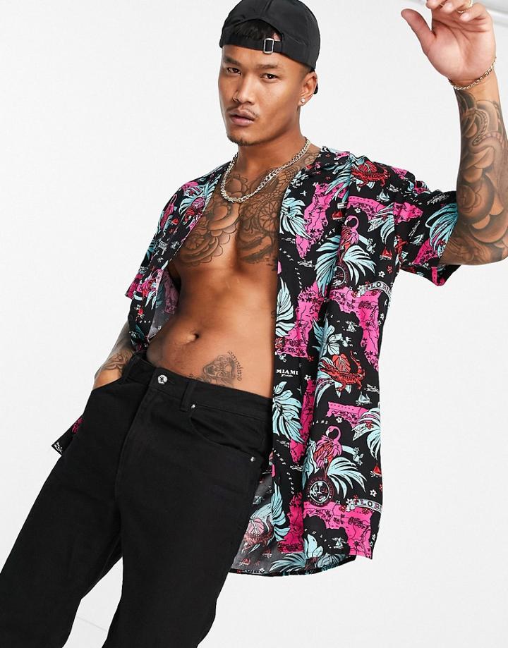 Tommy Jeans Short Sleeve Miami Print Camp Shirt In Black