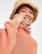 Asos Design Oversized Fisherman Rib Sweater With Stripe Design In Apricot-brown
