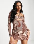 Missguided Halter Neck Mini Dress With Cut Outs In Brown Illusion Print
