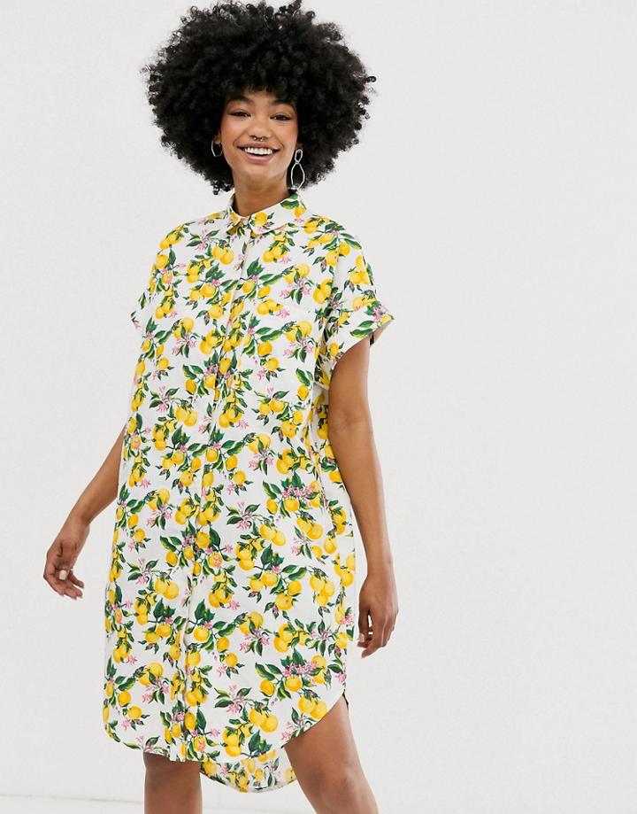 Monki Lemon Print Shirt Dress In White - White