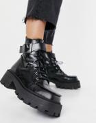 Asos Design Acute Leather Chunky Square Toe Lace Up Boots In Black