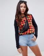 E.l.k Fitted Sweater With Check Front And Contrast Sleevs-multi