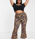 Yours Flare Pants In Brown Retro Floral-black