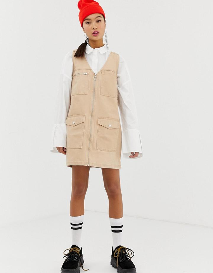 Collusion Denim Utility Mini Dress In Sand - Brown
