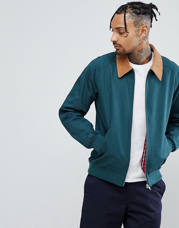 Asos Harrington Jacket With Cord Collar In Bottle Green - Green