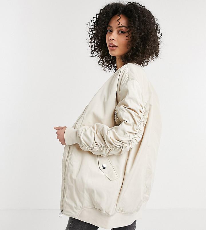 Only Tall Longline Bomber Jacket With Ruched Sleeves In Stone-neutral