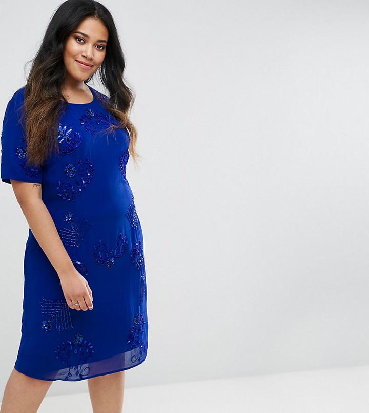 Maya Plus Embellished Placement Shift Dress - Blue