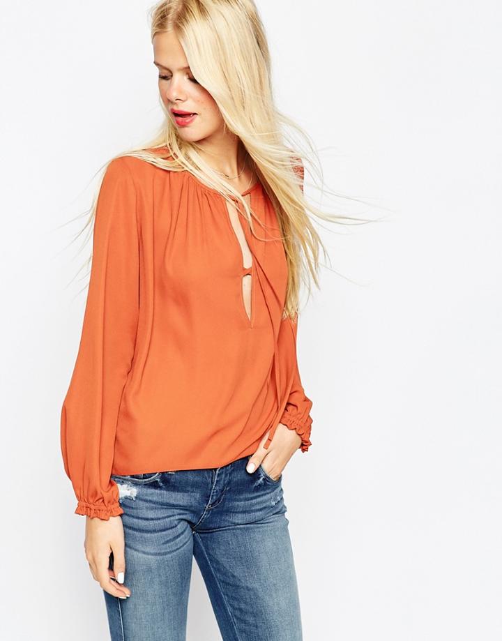 Asos Tie Detail 70s Folk Blouse - Rust
