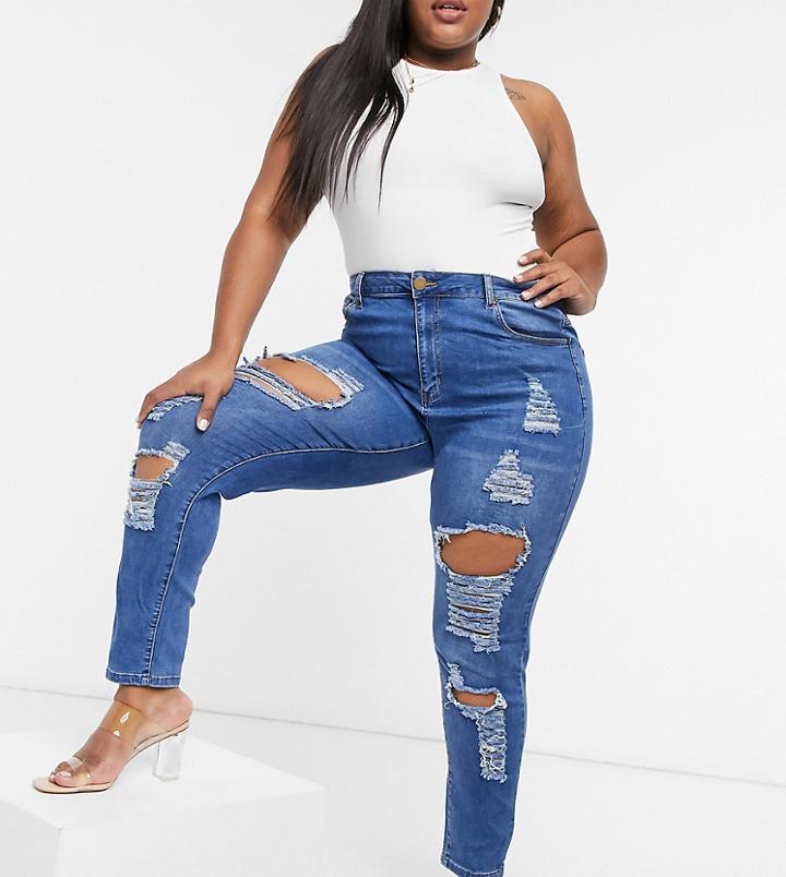 Yours Super Ripped Skinny Jeans In Mid Wash Blue-blues