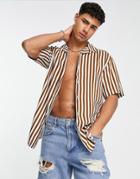 Only & Sons Short Sleeve Shirt In Brown Vertical Stripe