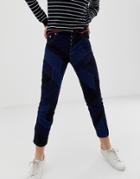Asos Design Florence Authentic Straight Leg Jeans In With Cut About Patch Work Detail In Dark Wash-blue