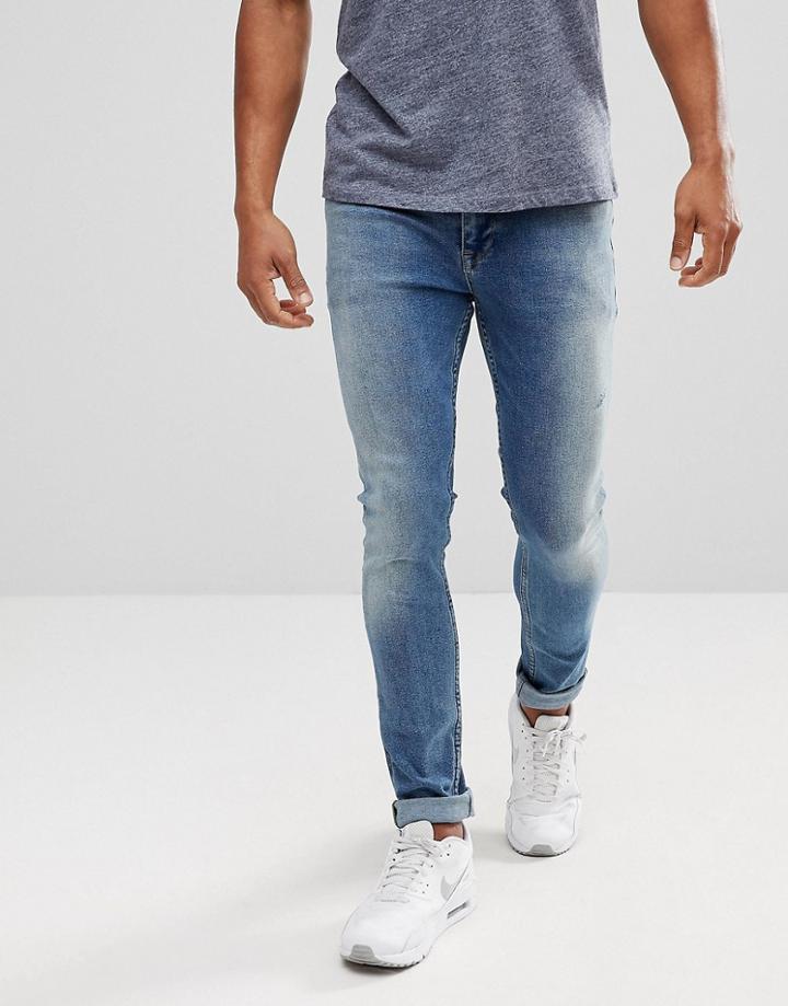 Asos Extreme Super Skinny Jeans In Mid Wash Vintage With Abrasions - Blue