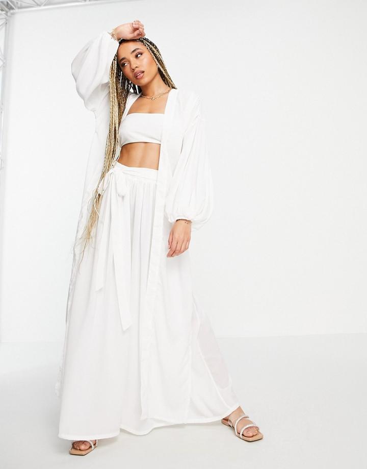 Asos Design Chiffon Kimono Beach Shirt In White - Part Of A Set