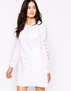 Candela Long Sleeve Dress With Laser Cut Outs - White