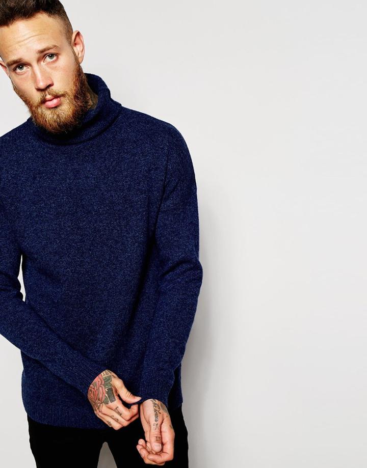 Asos Lambswool Rich High Roll Neck Jumper - Navy