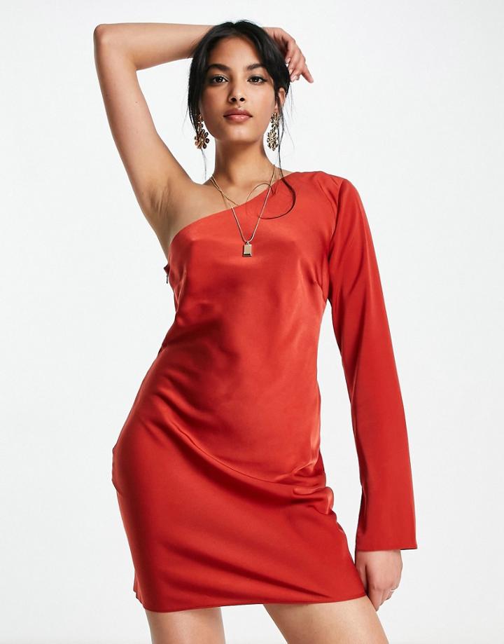Asos Design One Shoulder Satin Mini Dress In Rust-copper