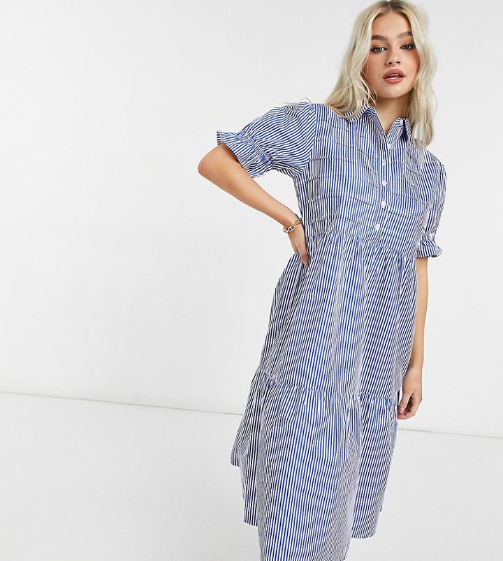 Influence Petite Tiered Shirt Dress In Blue And White Stripe
