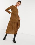 Asos Design Long Sleeve Tiered Smock Midi Dress In Animal Print-multi