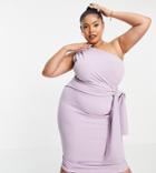 Asos Design Curve One Shoulder Side Knot Midi Dress In Lilac-purple
