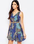 Mela Loves London Paisley V Neck Mini Dress - Blue
