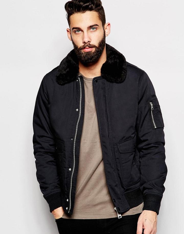 Schott Bomber Jacket With Faux Fur Collar - Black