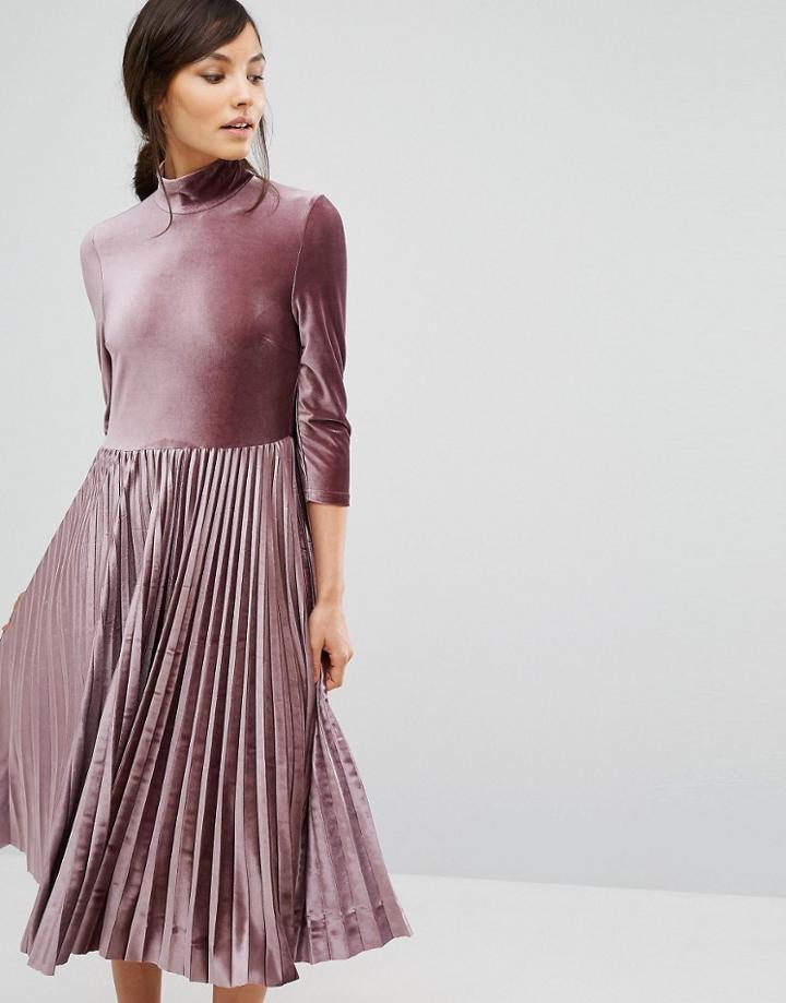 Oasis Pleated Velvet Midi Dress - Pink