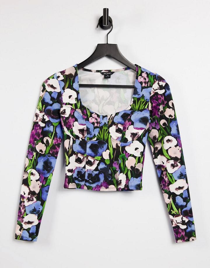 Monki Vinnie Organic Cotton Long Sleeve Seam Top In Blue Poppy Print-blues